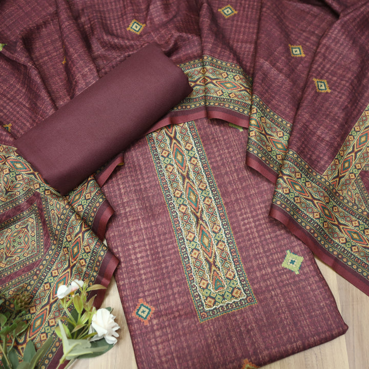 Rashavi Mulberry Mauve Digital Printed Hem Semi Pashmina Winter Set