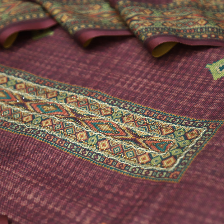 Rashavi Mulberry Mauve Digital Printed Hem Semi Pashmina Winter Set
