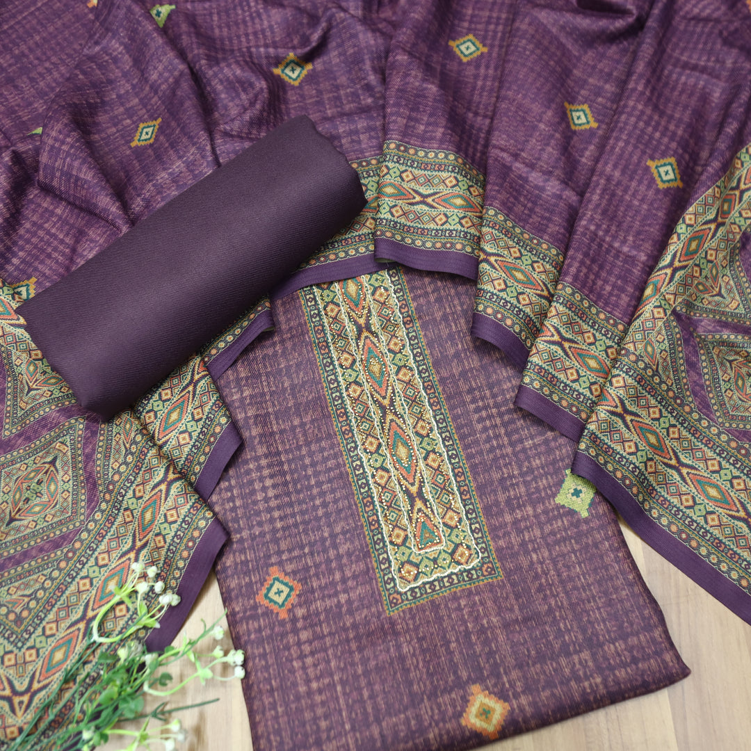 Rashavi Helio Purple Digital Printed Hem Semi Pashmina Winter Set