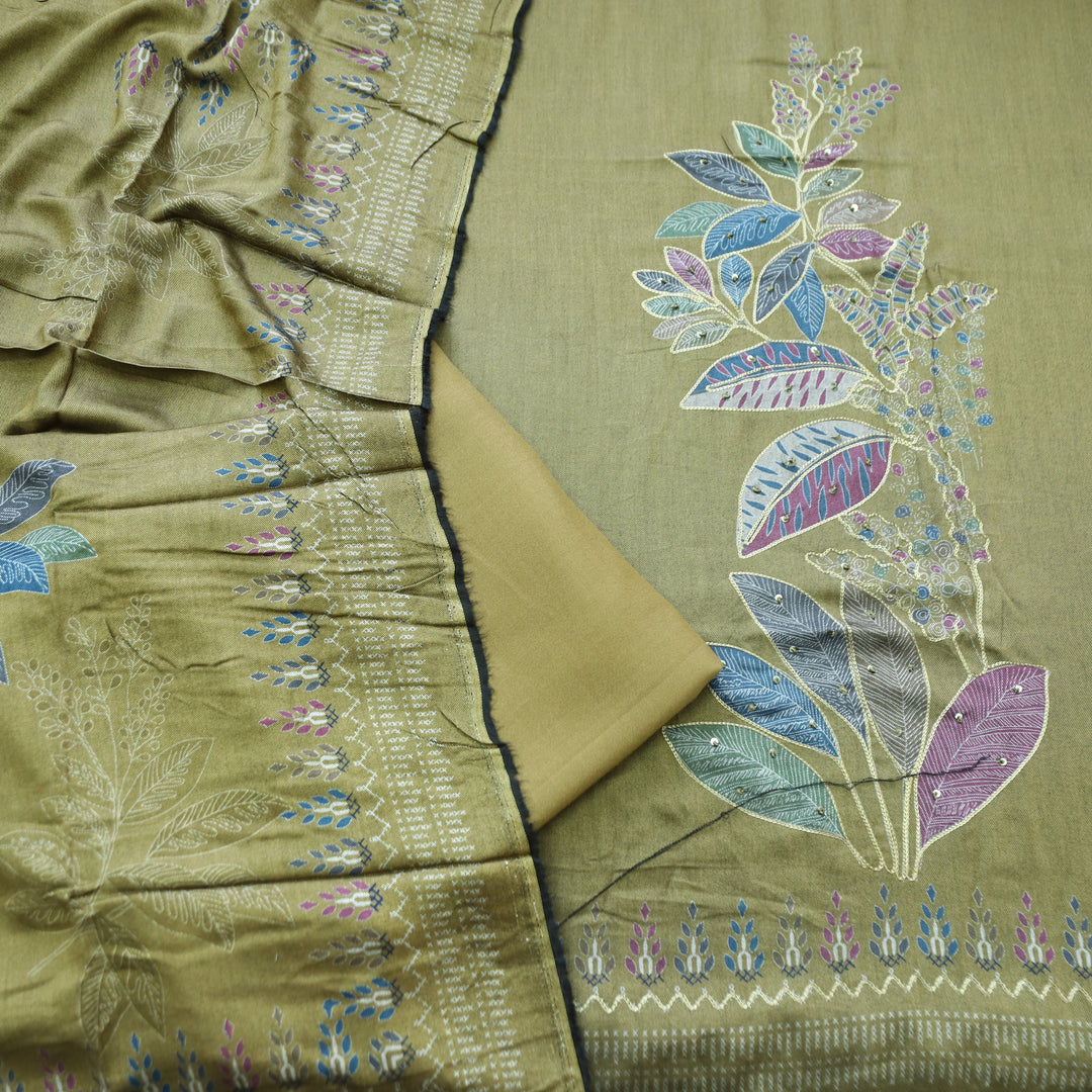 Sunidhi Olive Green Aari Work Floral Print Semi Pashmina Winter Set