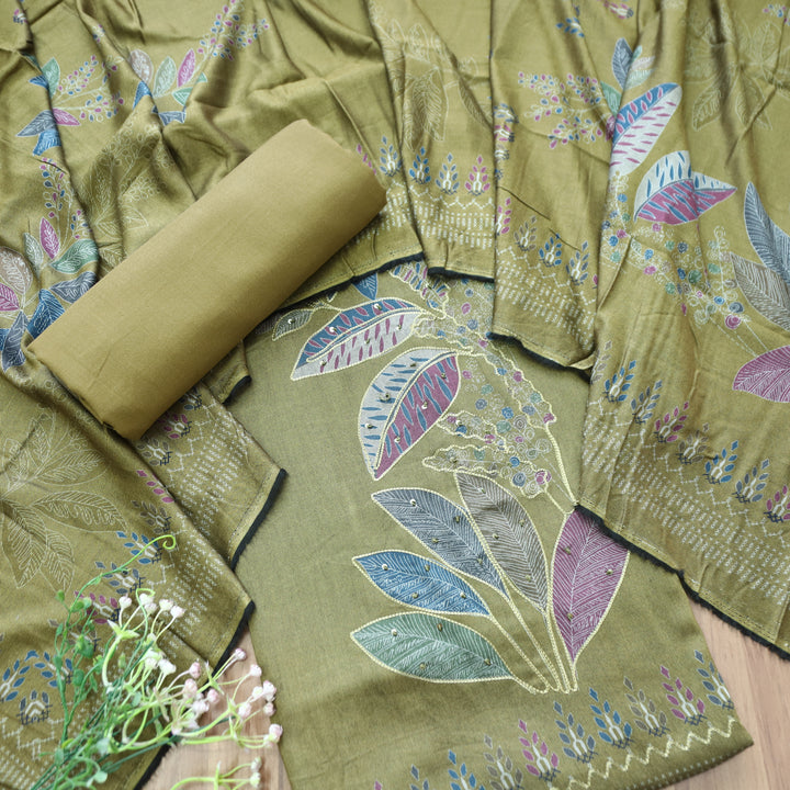 Sunidhi Olive Green Aari Work Floral Print Semi Pashmina Winter Set