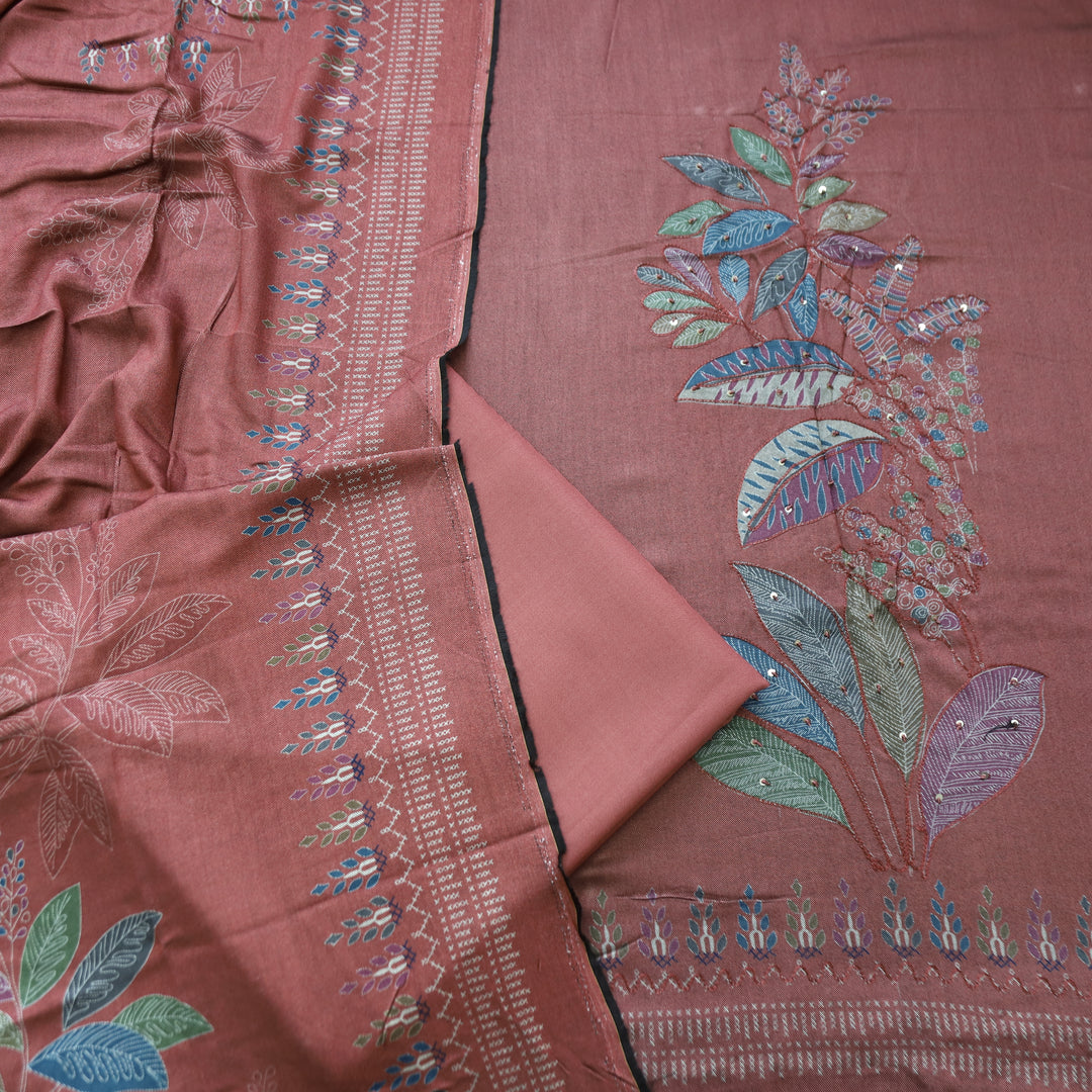 Sunidh Barn Mauve Aari Work Floral Print Semi Pashmina Winter Set