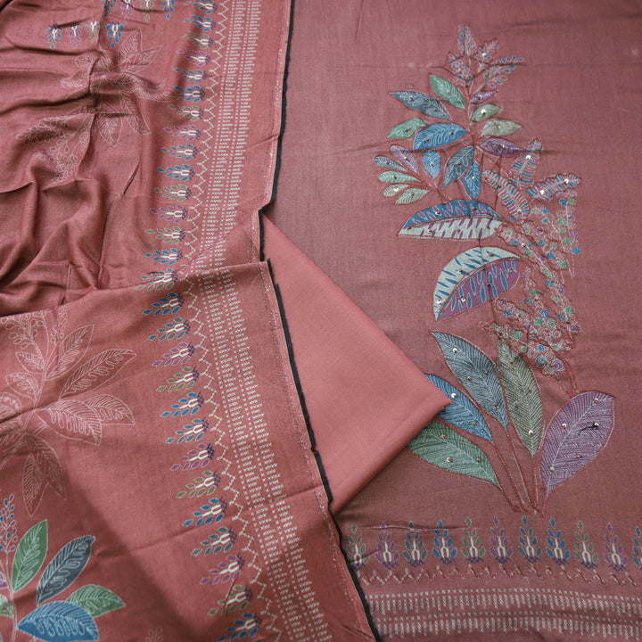 Sunidh Barn Mauve Aari Work Floral Print Semi Pashmina Winter Set