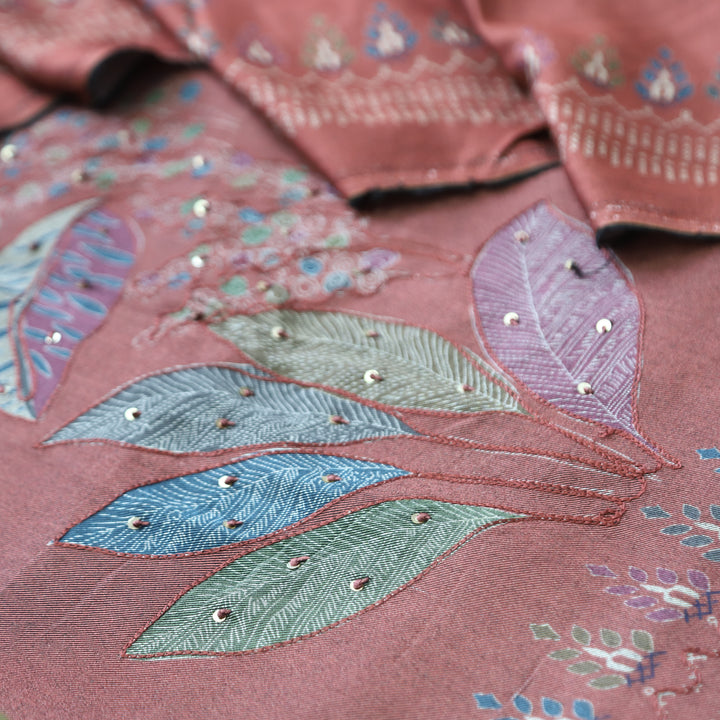 Sunidh Barn Mauve Aari Work Floral Print Semi Pashmina Winter Set