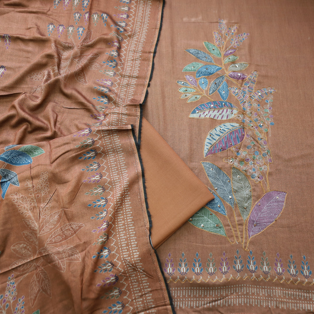 Sunidh Coco Brown Aari Work Floral Print Semi Pashmina Winter Set