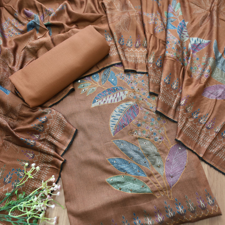 Sunidh Coco Brown Aari Work Floral Print Semi Pashmina Winter Set