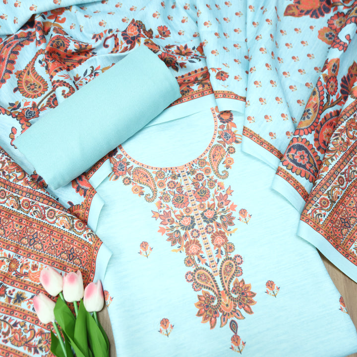 Vaani Powder Blue Kashmiri Kanni Printed Semi Pashmina Winter Set