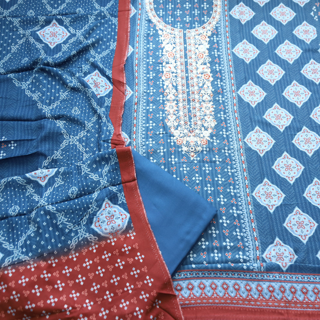 Asmira Ceru. Blue Embroidered Panel Style Print Semi Pashmina Winter Set