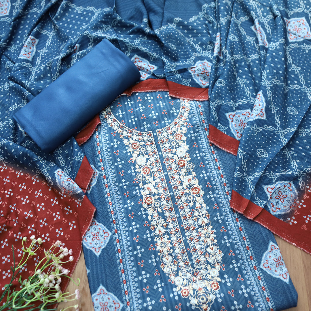 Asmira Ceru. Blue Embroidered Panel Style Print Semi Pashmina Winter Set