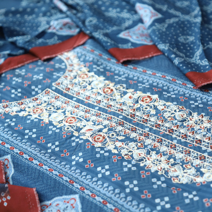 Asmira Ceru. Blue Embroidered Panel Style Print Semi Pashmina Winter Set