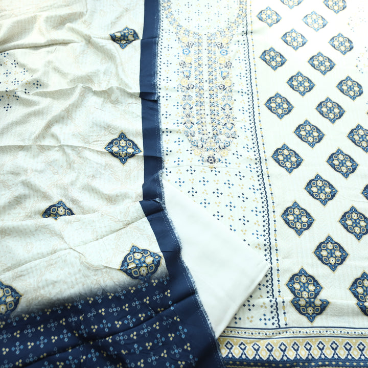 Asmira Pearl White Embroidered Panel Style Print Semi Pashmina Winter Set