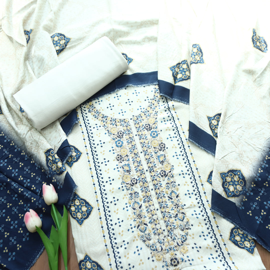 Asmira Pearl White Embroidered Panel Style Print Semi Pashmina Winter Set