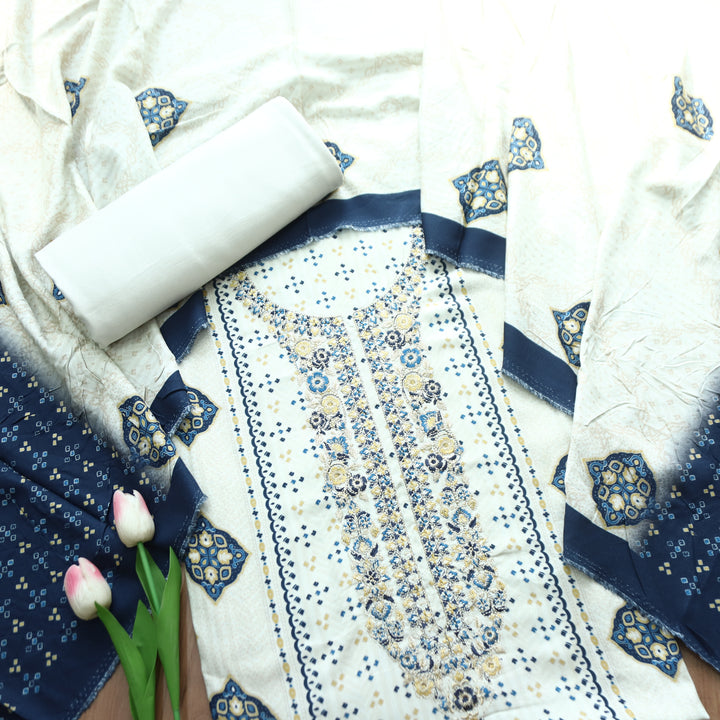 Asmira Pearl White Embroidered Panel Style Print Semi Pashmina Winter Set