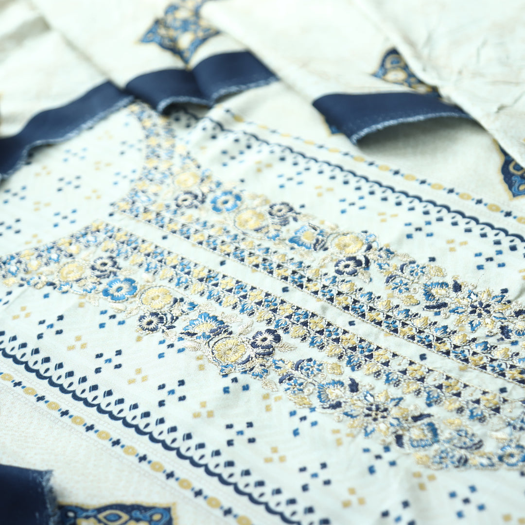 Asmira Pearl White Embroidered Panel Style Print Semi Pashmina Winter Set