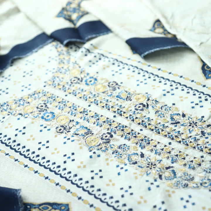 Asmira Pearl White Embroidered Panel Style Print Semi Pashmina Winter Set