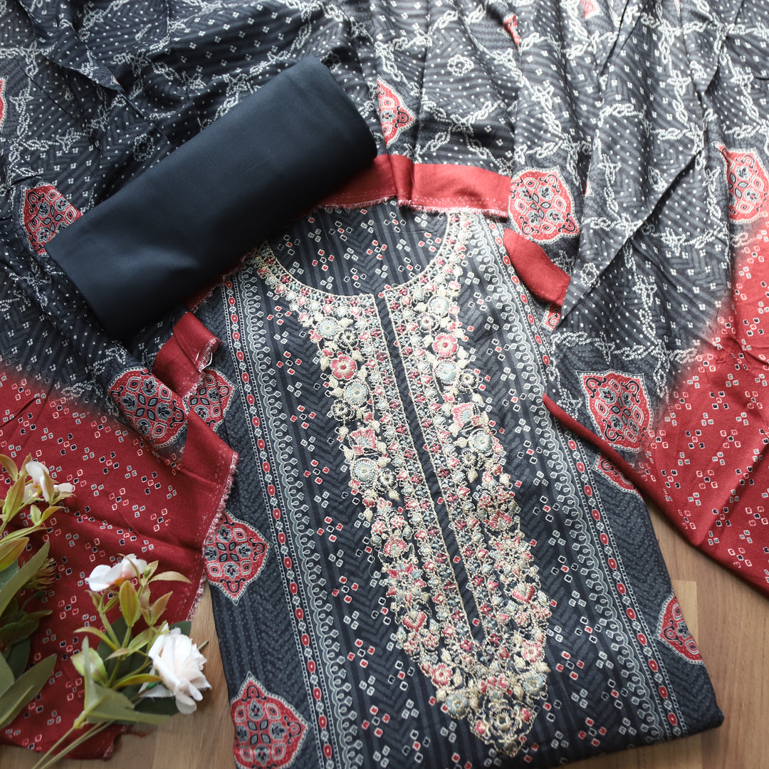 Asmira Fossil Grey Embroidered Panel Style Print Semi Pashmina Winter Set