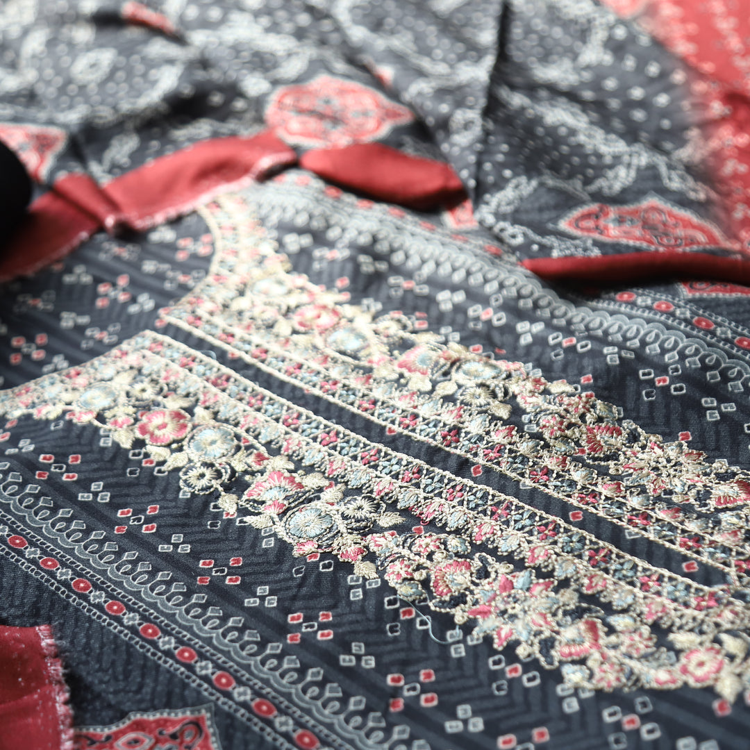 Asmira Fossil Grey Embroidered Panel Style Print Semi Pashmina Winter Set
