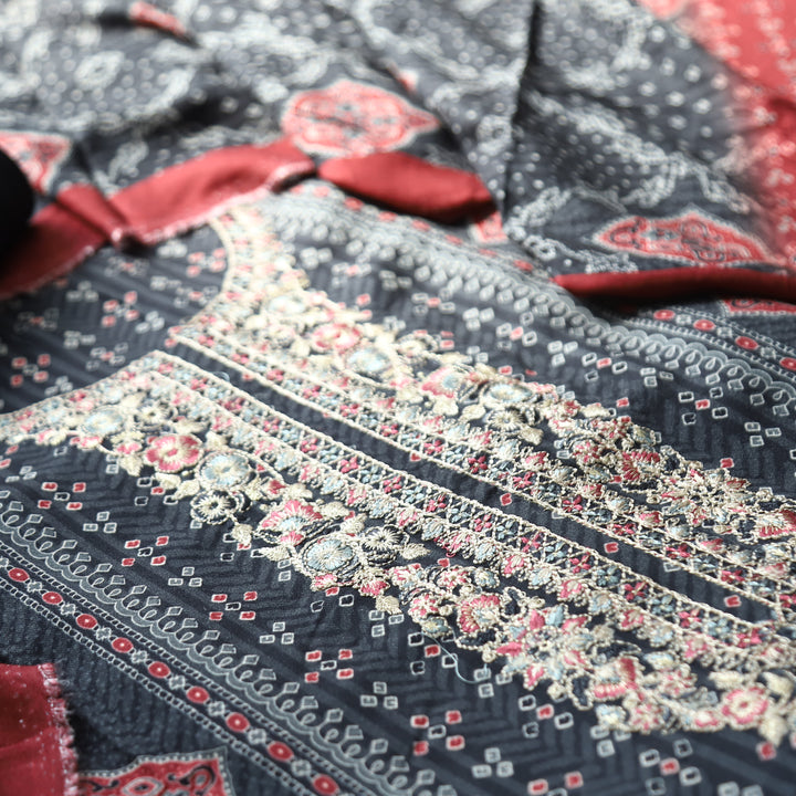 Asmira Fossil Grey Embroidered Panel Style Print Semi Pashmina Winter Set