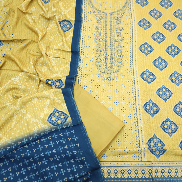 Asmira Butter Yellow Embroidered Panel Style Print Semi Pashmina Winter Set