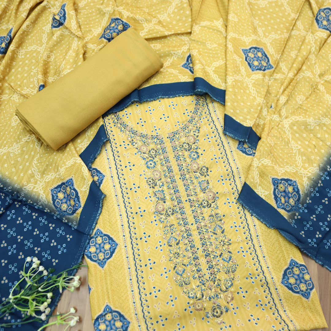 Asmira Butter Yellow Embroidered Panel Style Print Semi Pashmina Winter Set