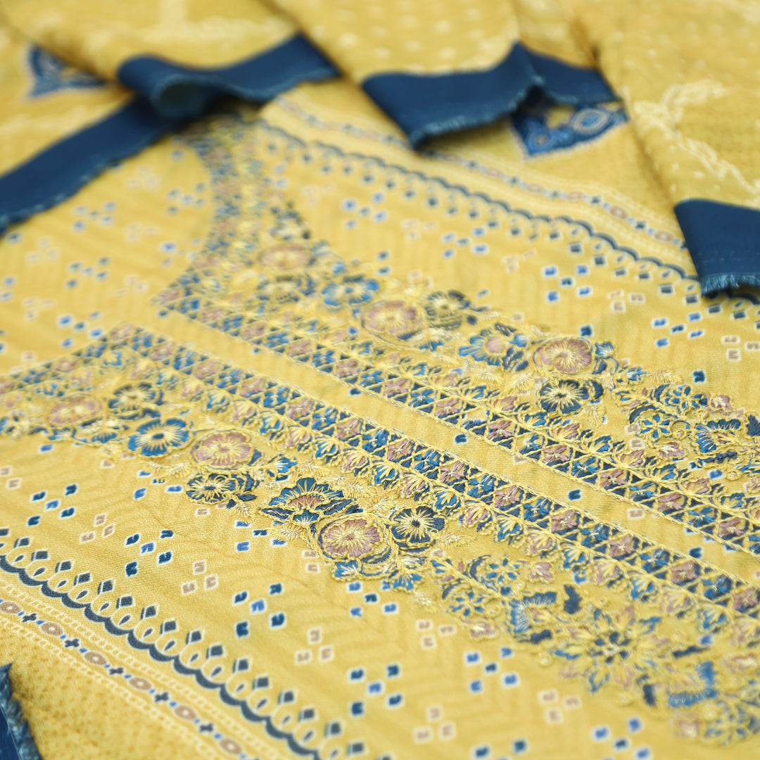 Asmira Butter Yellow Embroidered Panel Style Print Semi Pashmina Winter Set