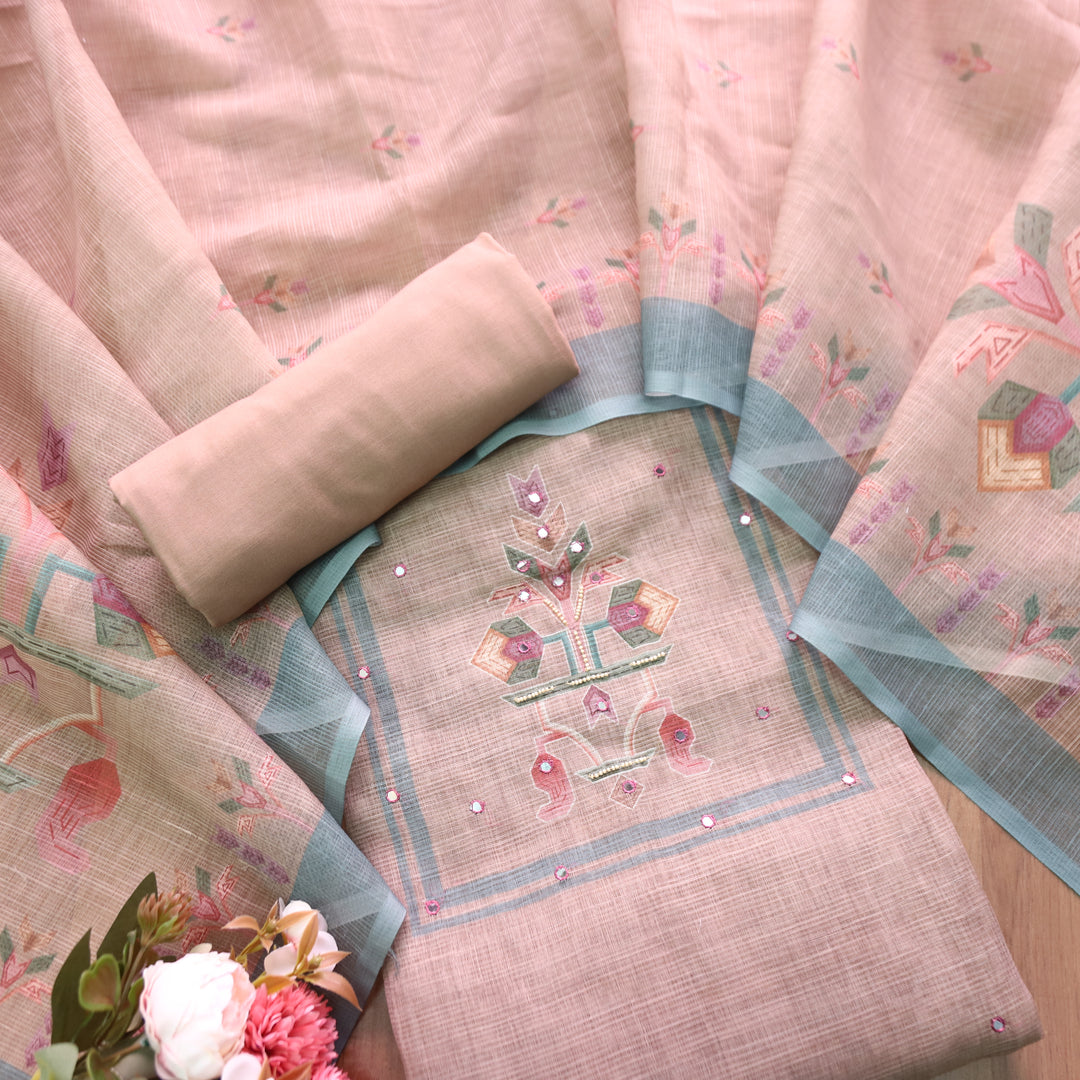 Fanaa Sand Beige Digital Print with Patra and Moti Work Shimmer Linen Set