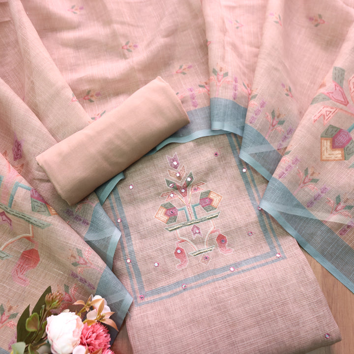 Fanaa Sand Beige Digital Print with Patra and Moti Work Shimmer Linen Set