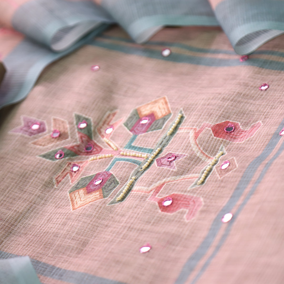 Fanaa Sand Beige Digital Print with Patra and Moti Work Shimmer Linen Set