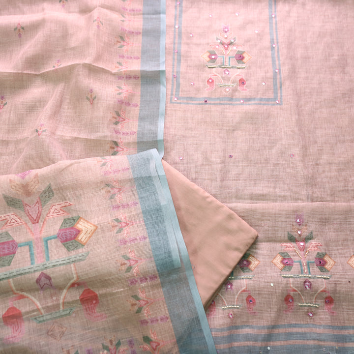 Fanaa Sand Beige Digital Print with Patra and Moti Work Shimmer Linen Set