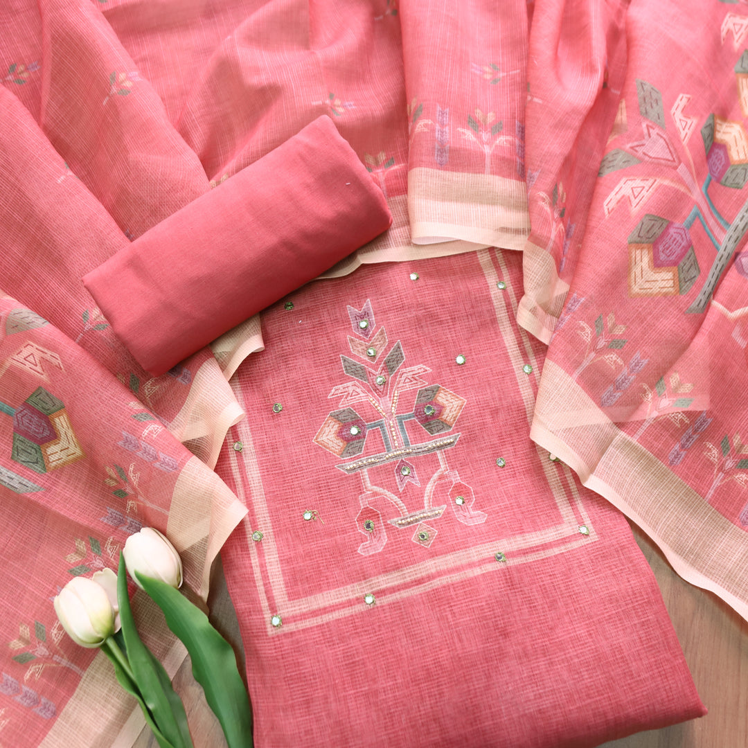 Fanaa Coral Blush Digital Print with Patra and Moti Work Shimmer Linen Set