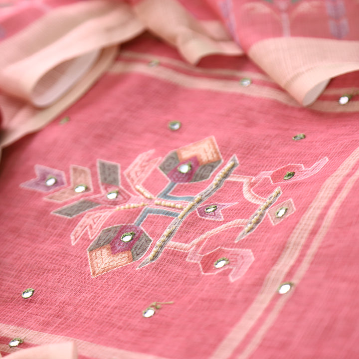 Fanaa Coral Blush Digital Print with Patra and Moti Work Shimmer Linen Set