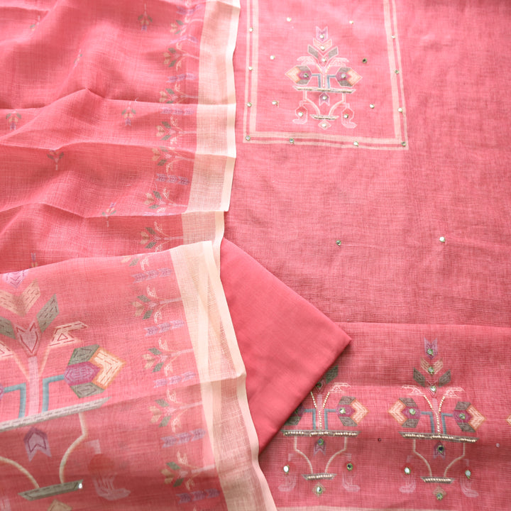 Fanaa Coral Blush Digital Print with Patra and Moti Work Shimmer Linen Set