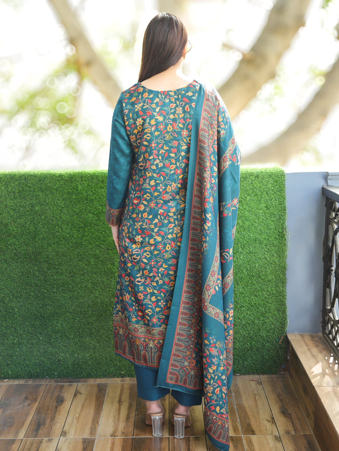 Pratiksha Cerulean Teal Round Neck Kashmiri Kanni Print Semi Pashmina 3 Piece Set