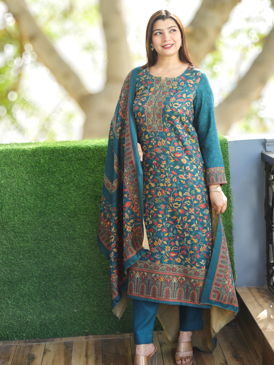 Pratiksha Cerulean Teal Round Neck Kashmiri Kanni Print Semi Pashmina 3 Piece Set