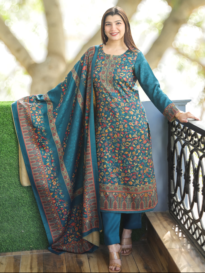 Pratiksha Cerulean Teal Round Neck Kashmiri Kanni Print Semi Pashmina 3 Piece Set