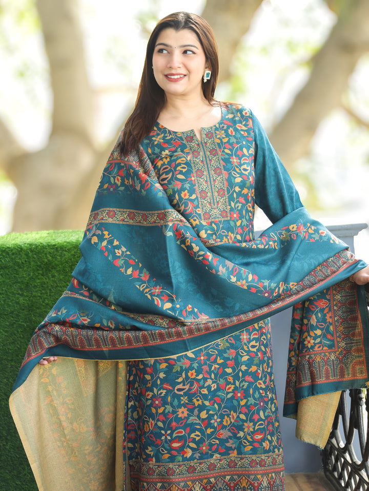 Pratiksha Cerulean Teal Round Neck Kashmiri Kanni Print Semi Pashmina 3 Piece Set