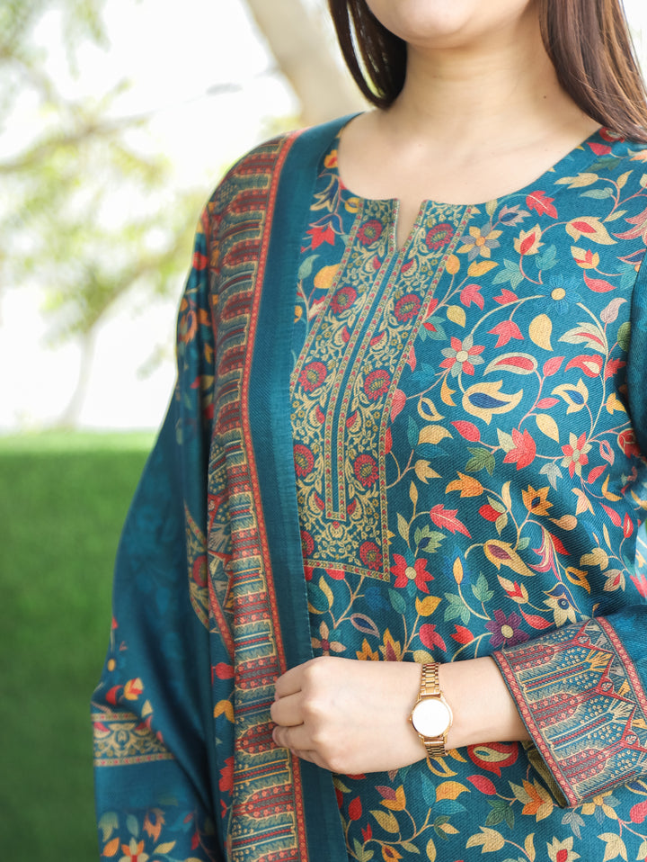 Pratiksha Cerulean Teal Round Neck Kashmiri Kanni Print Semi Pashmina 3 Piece Set