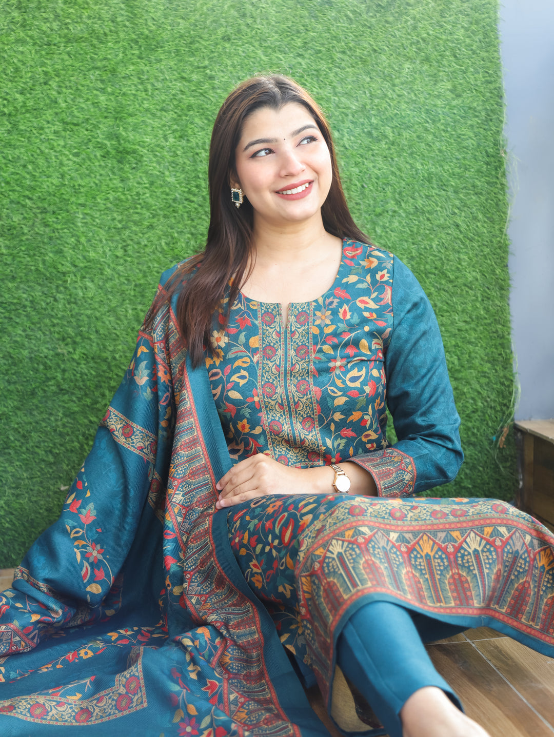 Pratiksha Cerulean Teal Round Neck Kashmiri Kanni Print Semi Pashmina 3 Piece Set