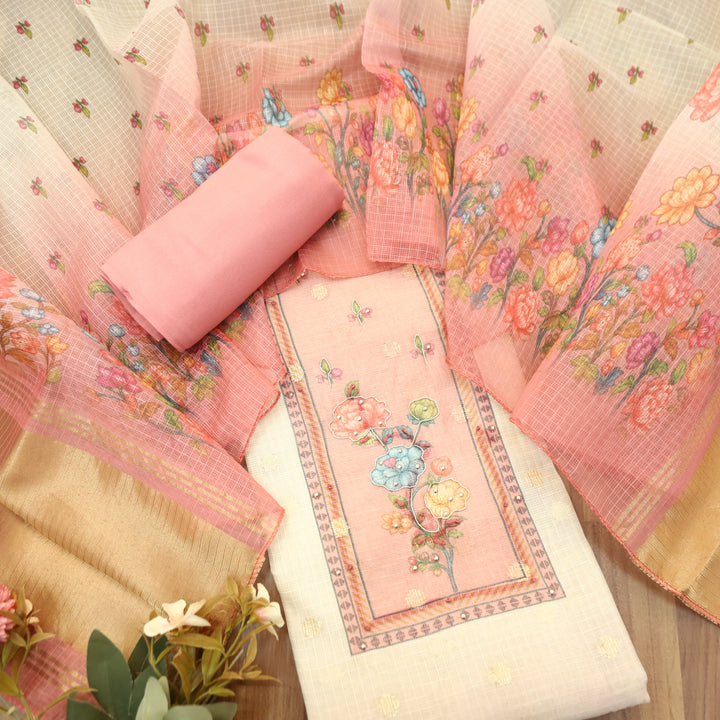 Ravaya White with Pink Floral Print Yoke Kota Doriya Set