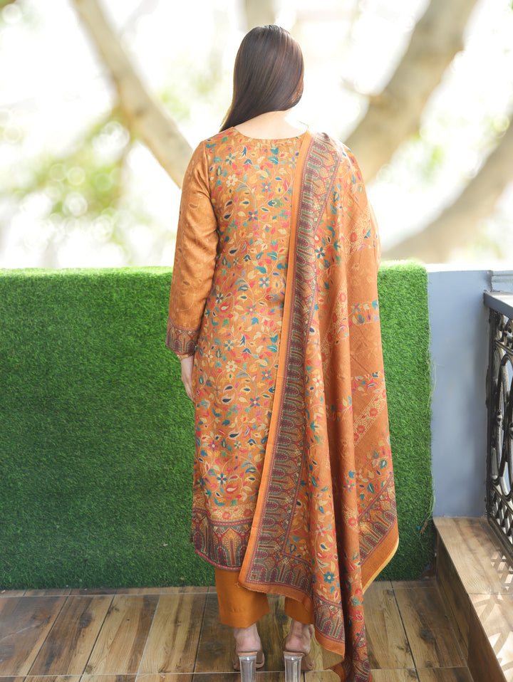 Pratiksha Canary Yellow Round Neck Kashmiri Kanni Print Semi Pashmina 3 Piece Set