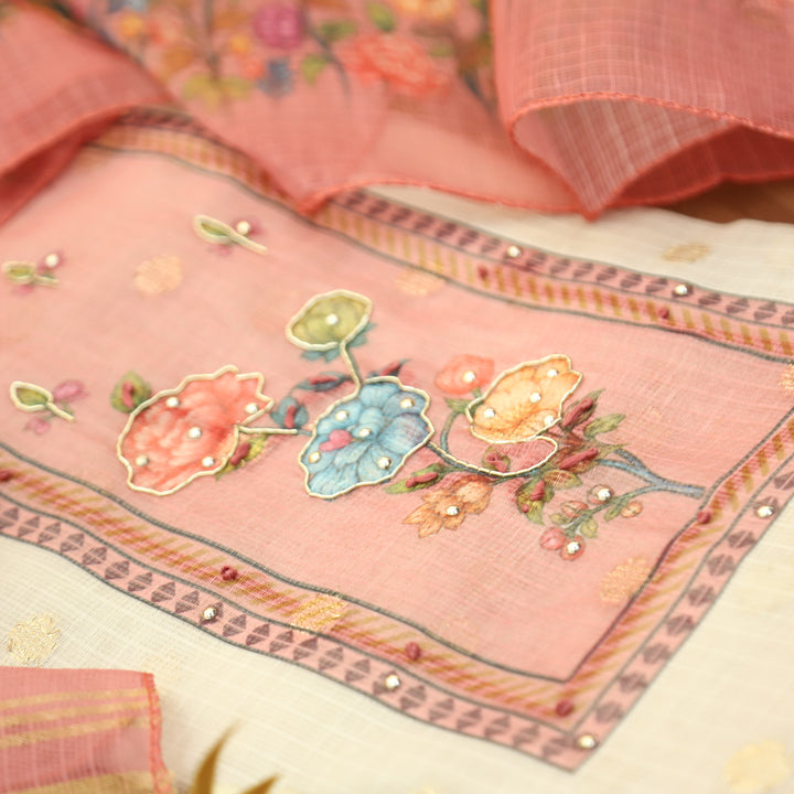 Ravaya White with Pink Floral Print Yoke Kota Doriya Set