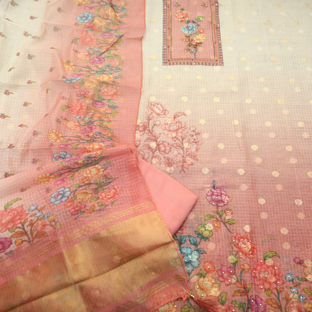 Ravaya White with Pink Floral Print Yoke Kota Doriya Set