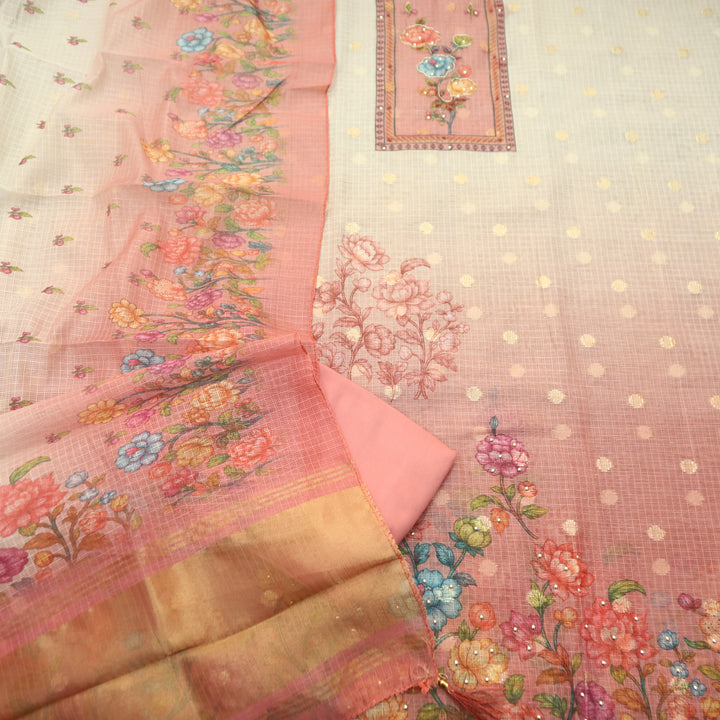 Ravaya White with Pink Floral Print Yoke Kota Doriya Set