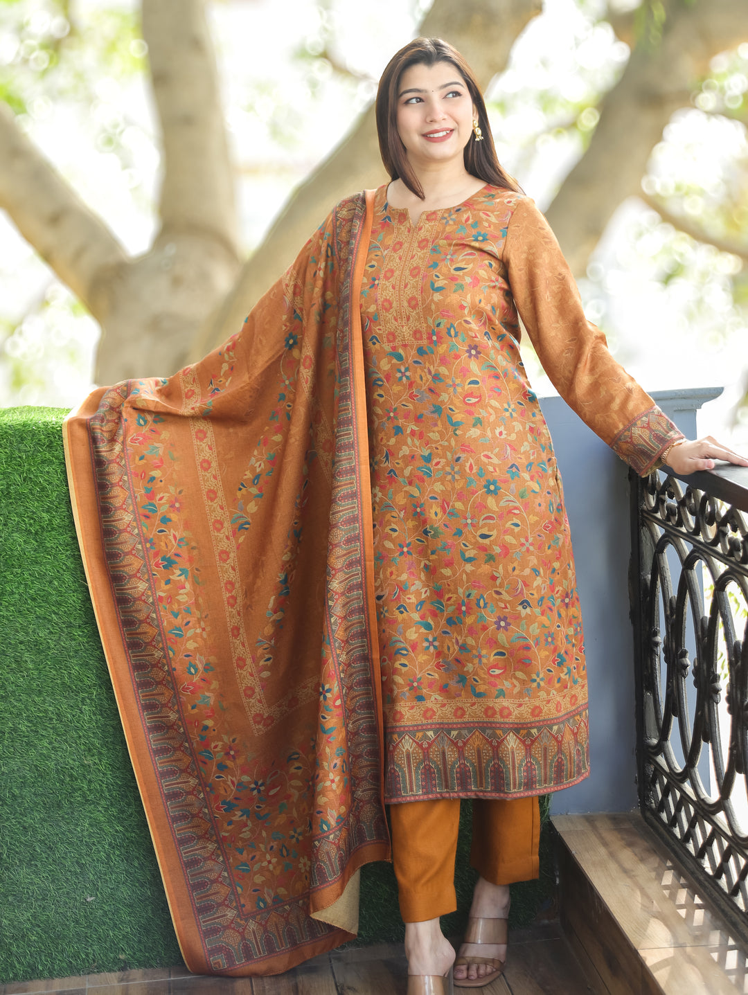 Pratiksha Canary Yellow Round Neck Kashmiri Kanni Print Semi Pashmina 3 Piece Set