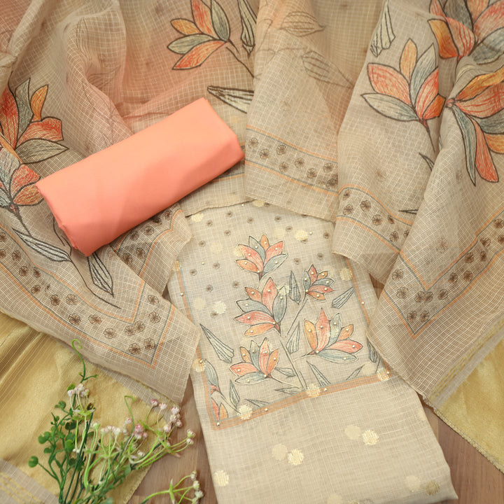 Ravaya Shell White with Peach Patra Work Floral Print Yoke Brocade Kota doriya Set