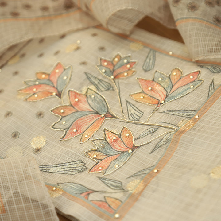 Ravaya Shell White with Peach Patra Work Floral Print Yoke Brocade Kota doriya Set