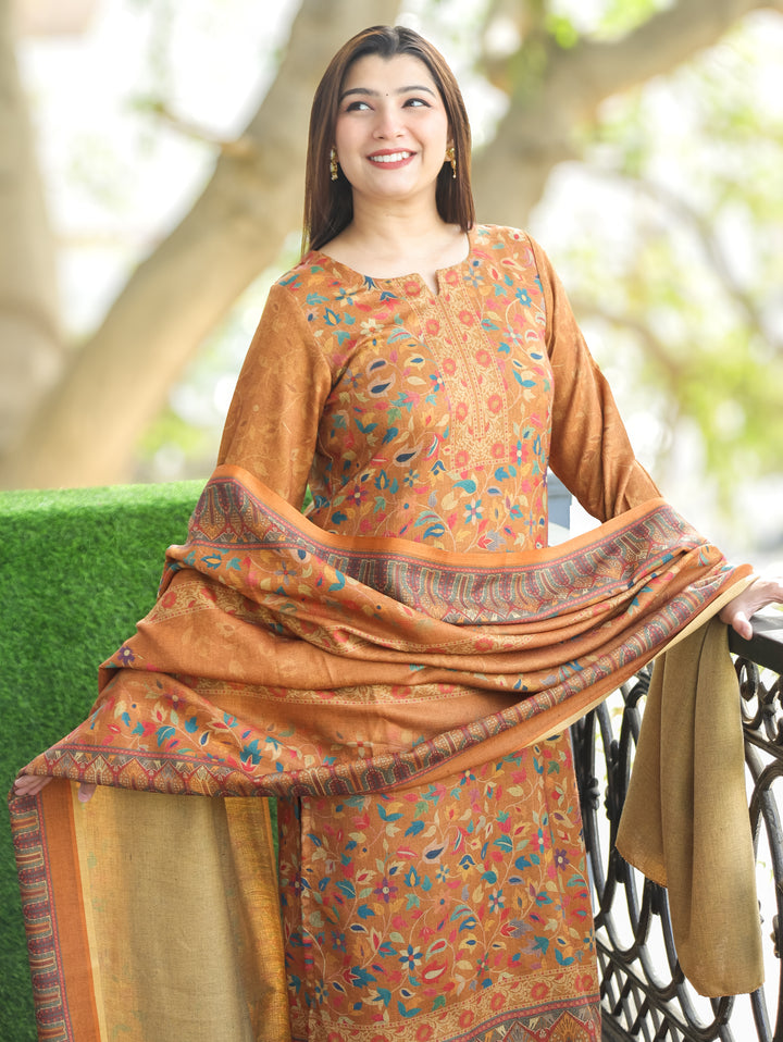 Pratiksha Canary Yellow Round Neck Kashmiri Kanni Print Semi Pashmina 3 Piece Set