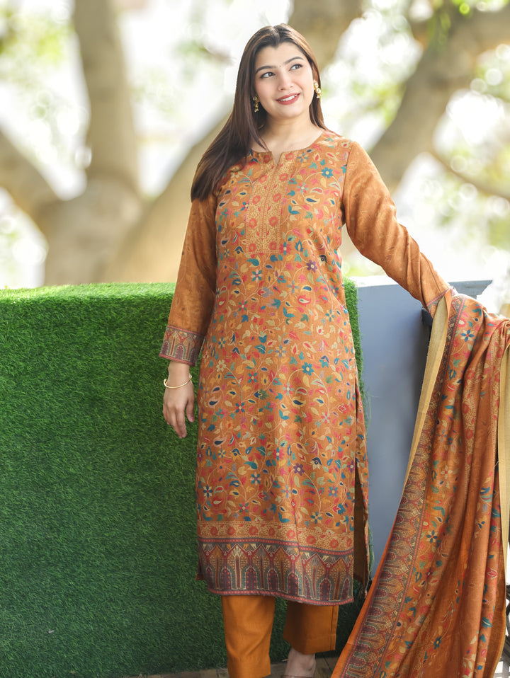Pratiksha Canary Yellow Round Neck Kashmiri Kanni Print Semi Pashmina 3 Piece Set