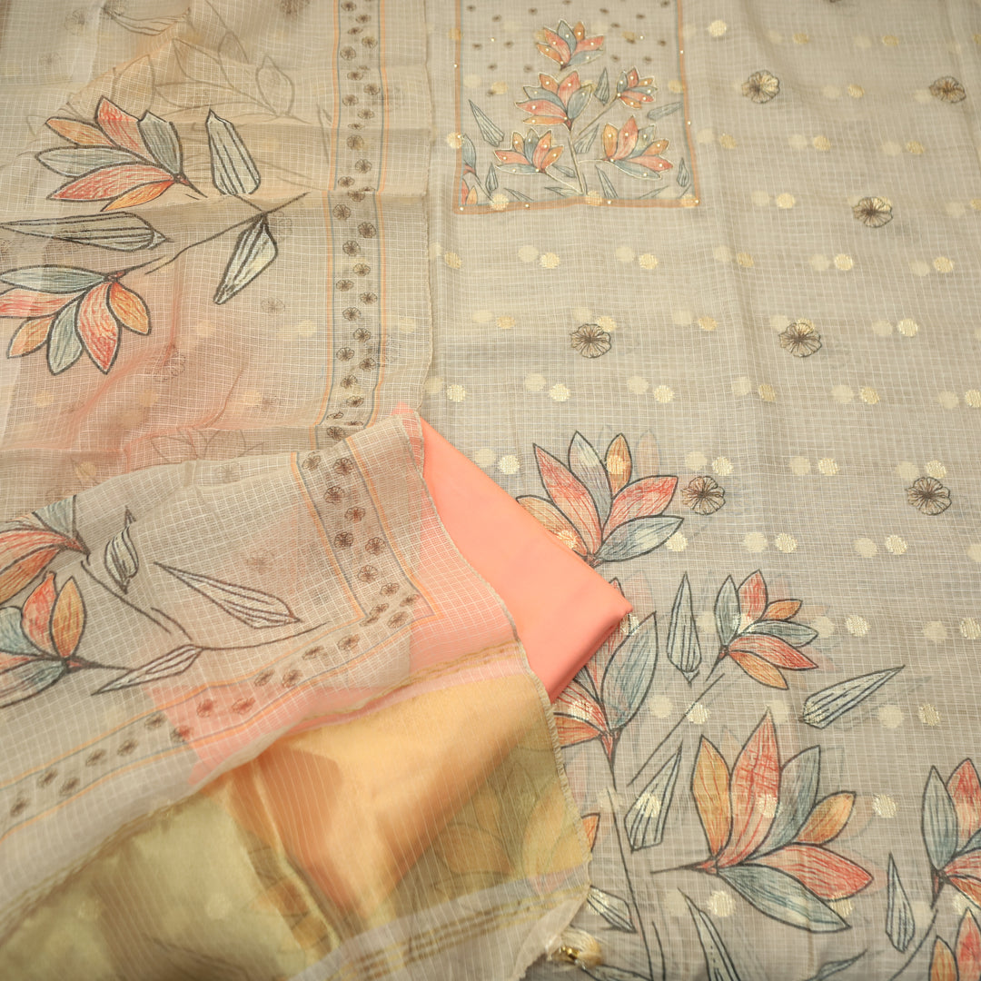 Ravaya Shell White with Peach Patra Work Floral Print Yoke Brocade Kota doriya Set