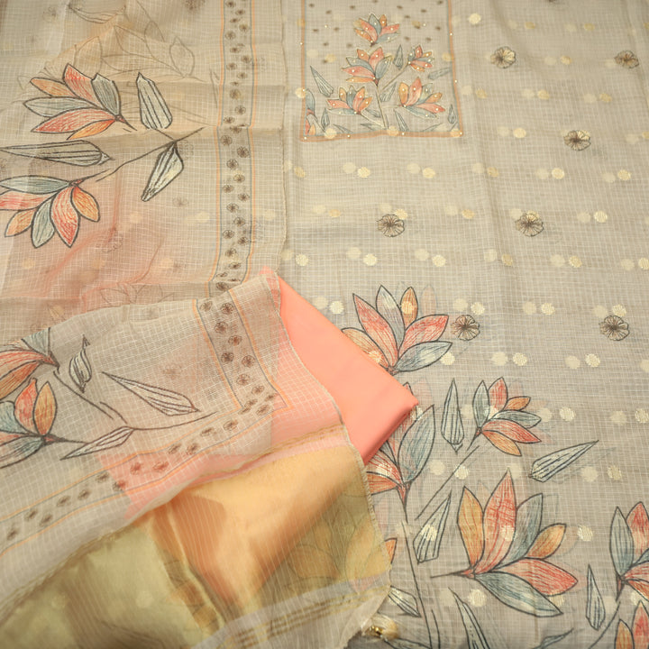 Ravaya Shell White with Peach Patra Work Floral Print Yoke Brocade Kota doriya Set